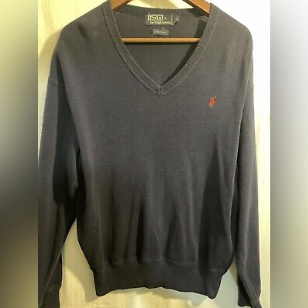 Polo Ralph Lauren Sweater Navy Blue Long Sleeve Mens Small 100% Cotton V Neck
